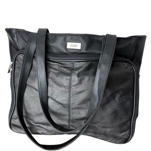 BILL BLASS Black Leather Tote Laptop Computer Travel Bag Zipper Shoulder Bag